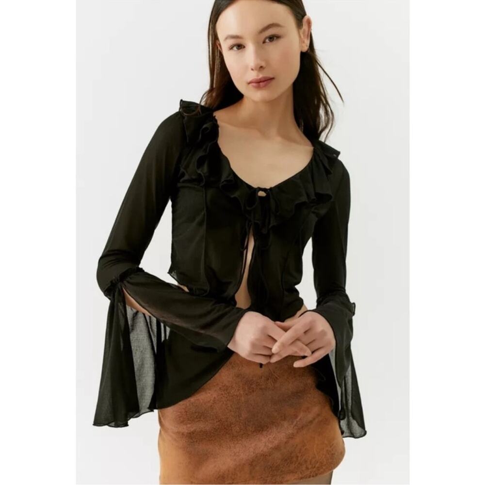 Urban Outfitters Black Sheer Tie Front Top Bell Sleeves Size Large